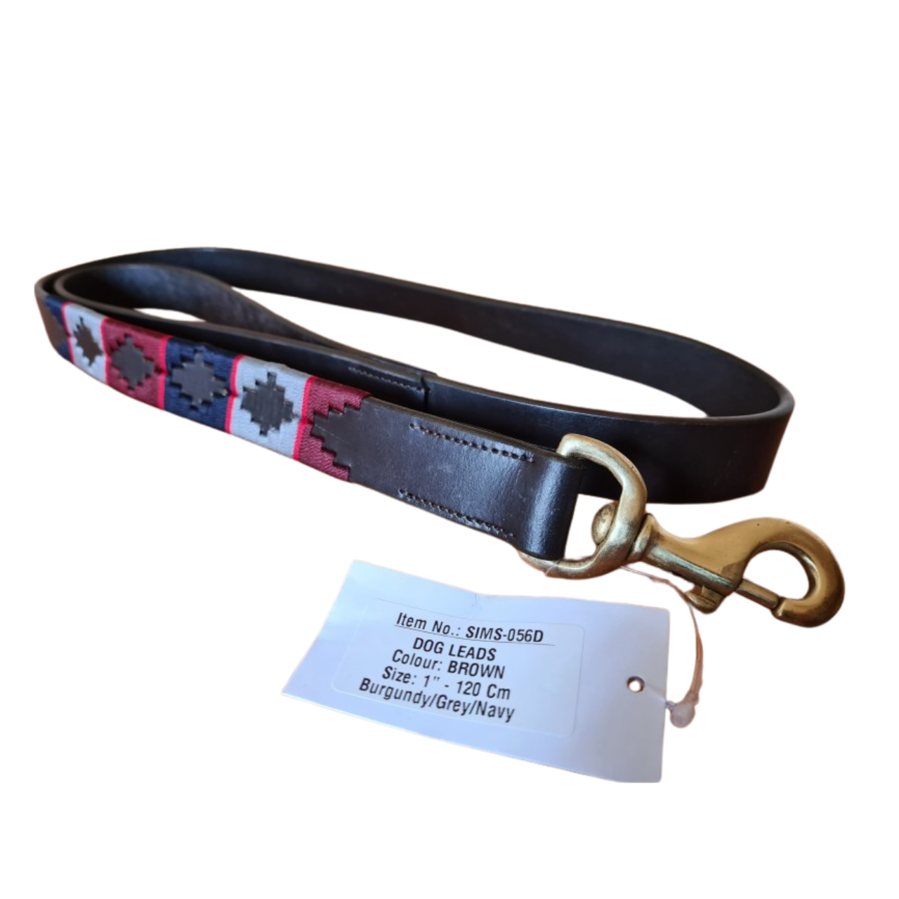 Correa de cuero marrón para perros burdeos/gris/azul marino con raya roja