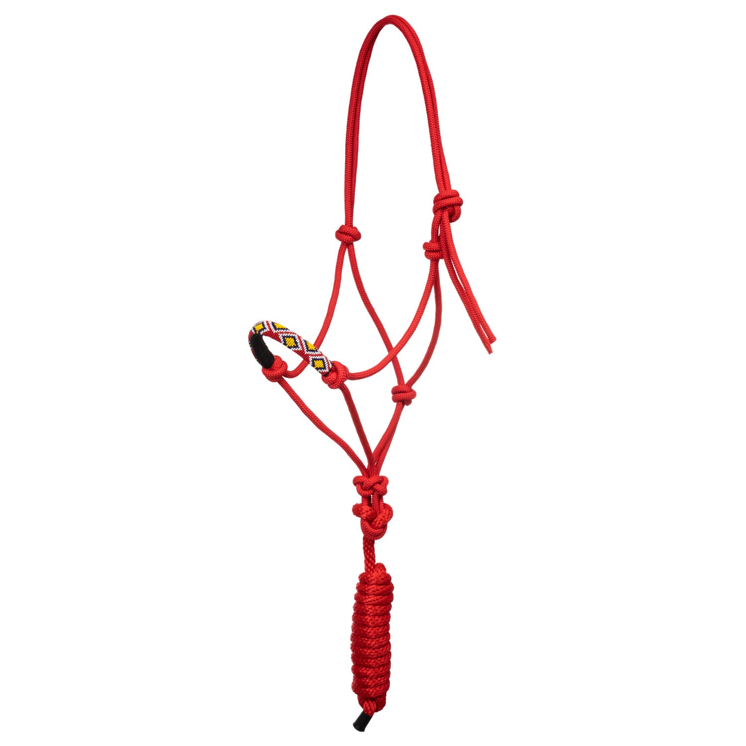 Red horse rope halter with lead
