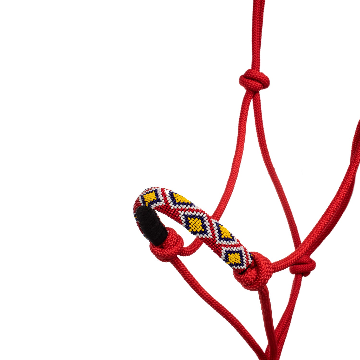 Red horse rope halter with lead with patterned noseband