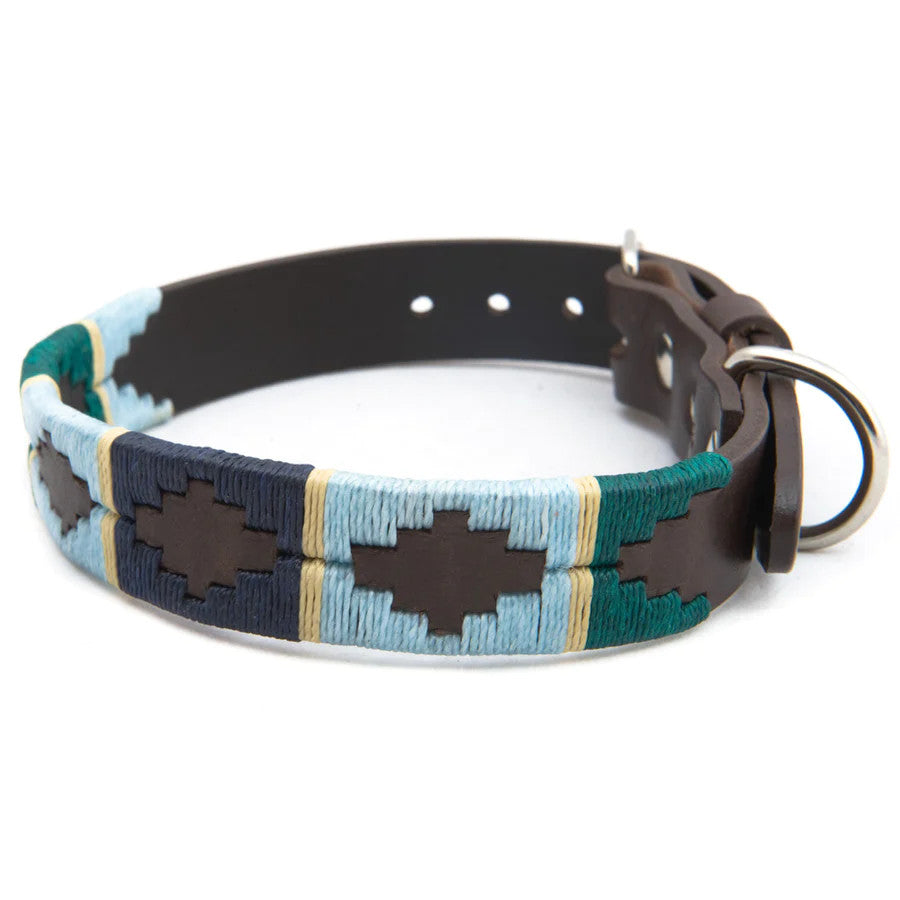 Collar para perro: rayas verdes, azul pálido, azul marino y crema. Solo talla mediana (14 a 18 pulgadas)