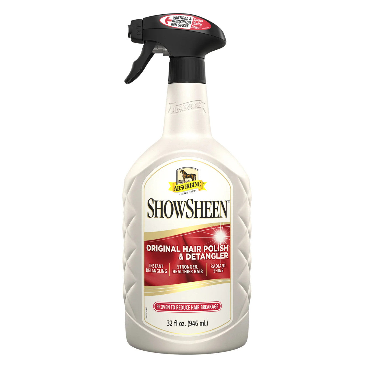 ShowSheen original hair polish and detangler now has added Pro-Vitamins to nourish the coat and Silk Proteins to strengthen the mane and tail hair. This unique formulation provides the serious horse owner with an unsurpassed, multi-purpose grooming aid. It coats each hair shaft to keep mane and tails tangle-free, while its conditioning action reduces static, leaving the coat smooth and sleek. It repels dust, dirt and stains, keeping your horse cleaner longer. Using ShowSheen can reduce grooming time by as m